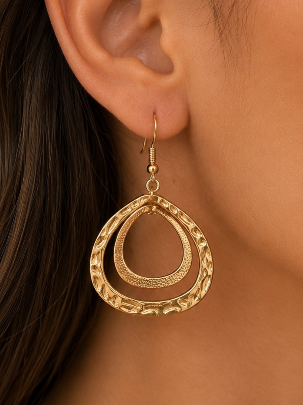 Gold Textured Double Hoop Dangle Earrings 2” Teardrop Lightweight Boho Chic